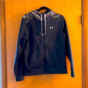 Under Armour Zip-Up Hooded Jacket, Black with Camouflage Hood, Women’s Small